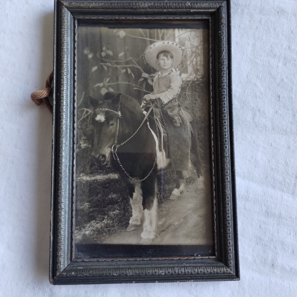 Vintage Photograph & Frame Hop A Long Cowboy Hat Horse Pony MCM circa 1960s